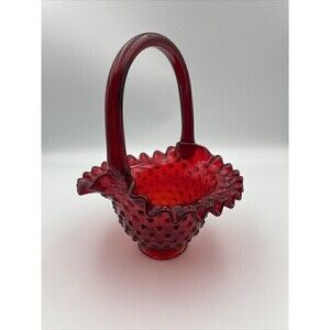 Vintage Ruby Red Fenton Hobnail Glass Basket